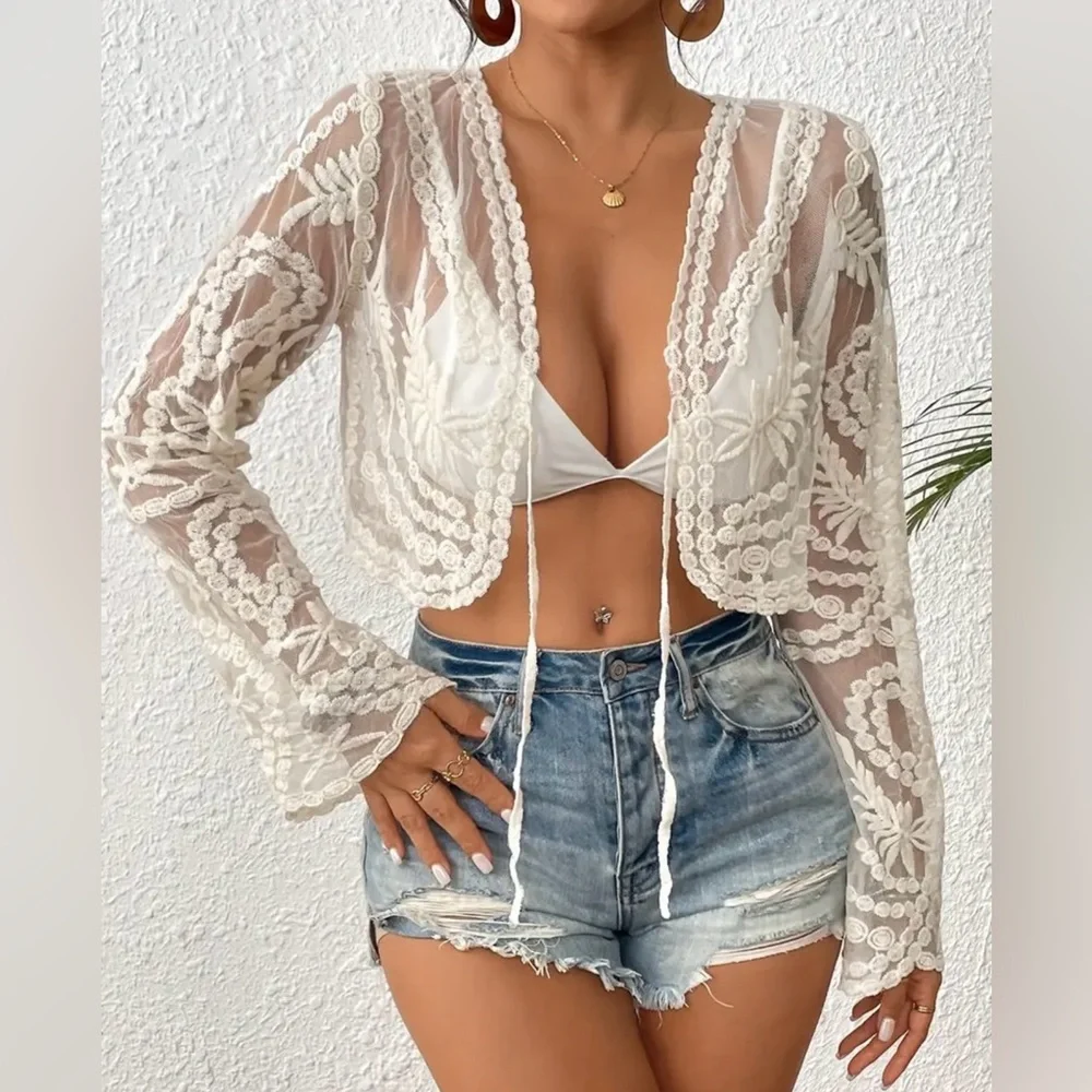 Floral Lace Tie Front Sheer Crop Top
